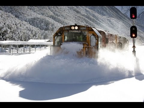 Spectacular footage Train plowing through deep snow Arthurs Pass
