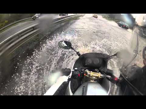 Kawasaki ER6 motorcycle in a flood (A28 flooded)