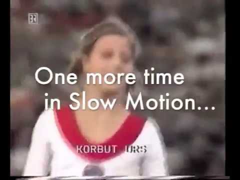Olga Korbut Uneven Bars with Korbut Flip slow motion replay (1972 Olympics)