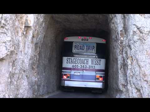 Bus fährt durch den Tunnel am Needles Highway.